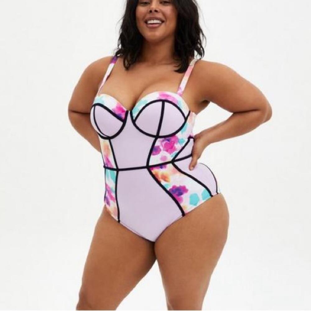 Torrid Slim Fix Underwire Piping One Piece Swimsuit Purple Floral Water 0 D/DD